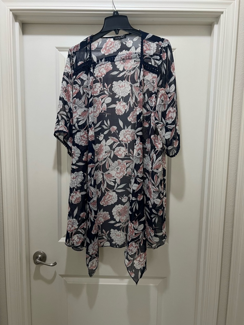 Emory Park Navy Floral Sheer Duster with Blush Accents